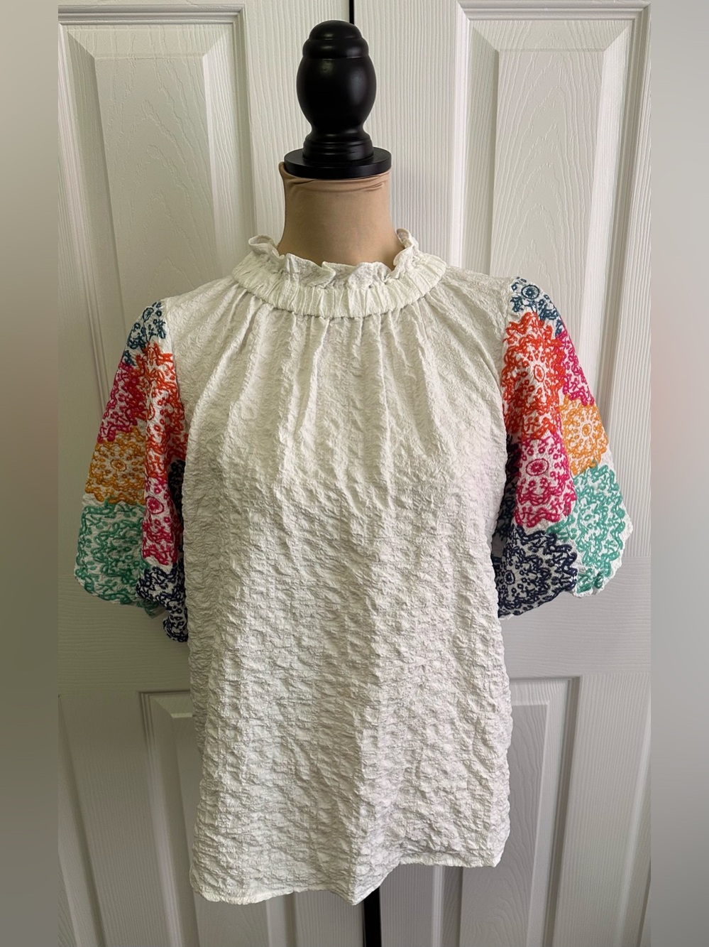 THML White Textured Ruffle-Neck Blouse with Multicolor Embroidered Puff Sleeves